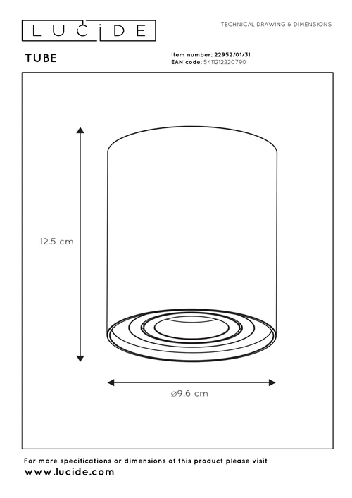 Lucide TUBE - Spot plafond - Ø 9,6 cm - 1xGU10 - Blanc - technique